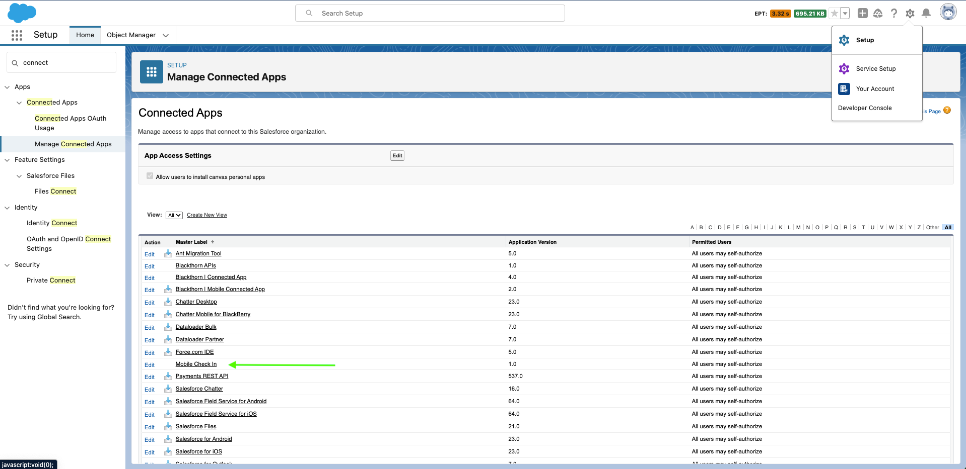 Click Manage Connected Apps