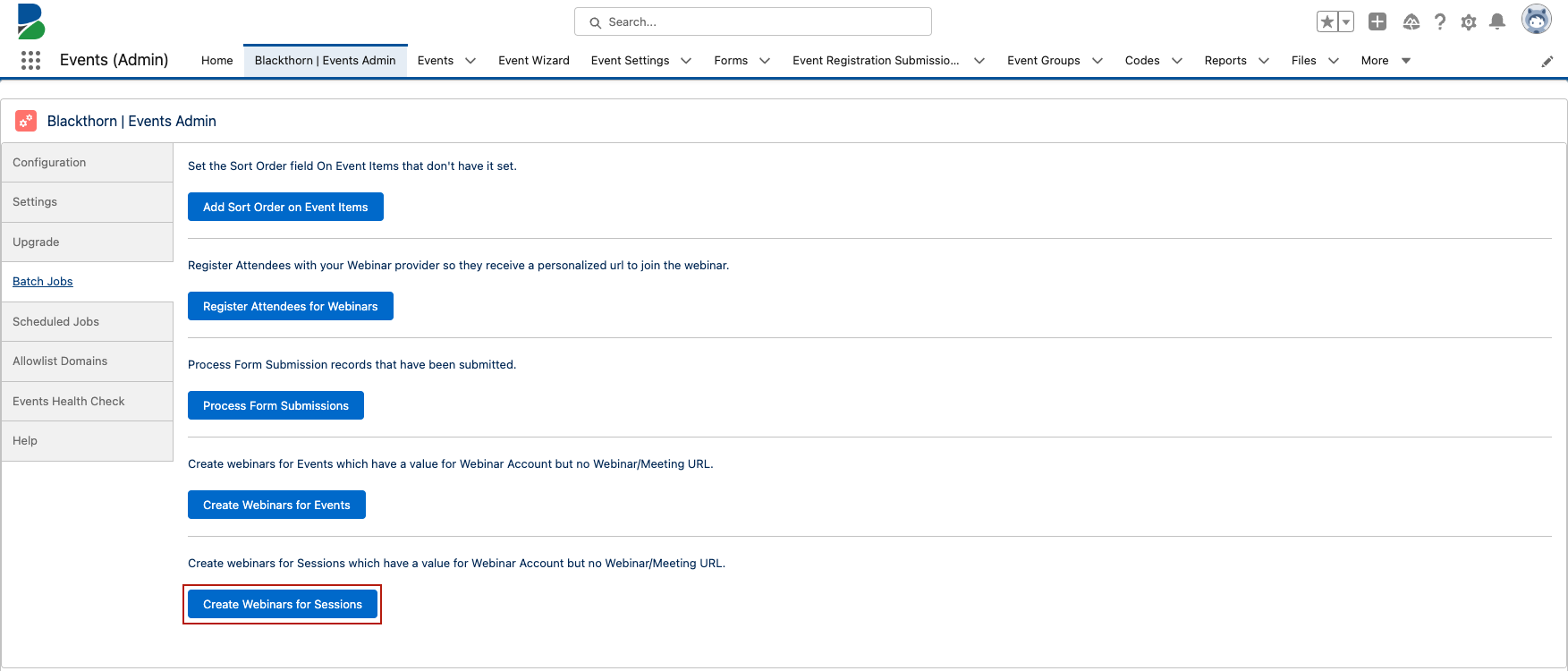 Events Admin Tab_Batch Jobs Tab_Create Webinars for Sessions