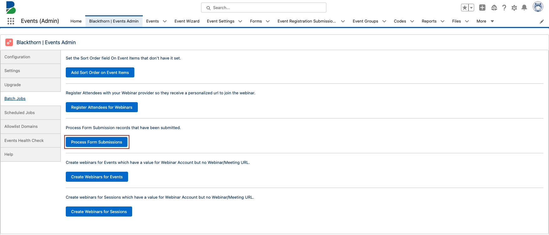 Events Admin Tab_Batch Jobs Tab_Process Form Submissions