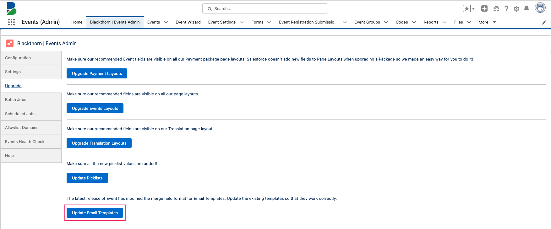 Events Admin Tab_Upgrade Tab_Update Email Templates