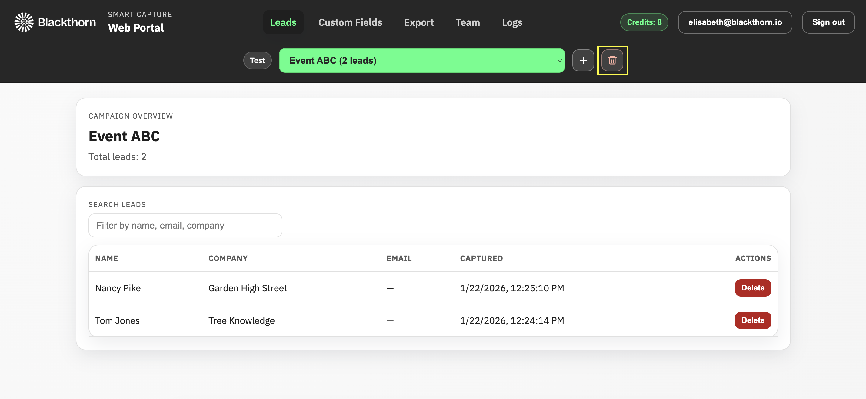 Smart Capture_Web Portal_Delete Event