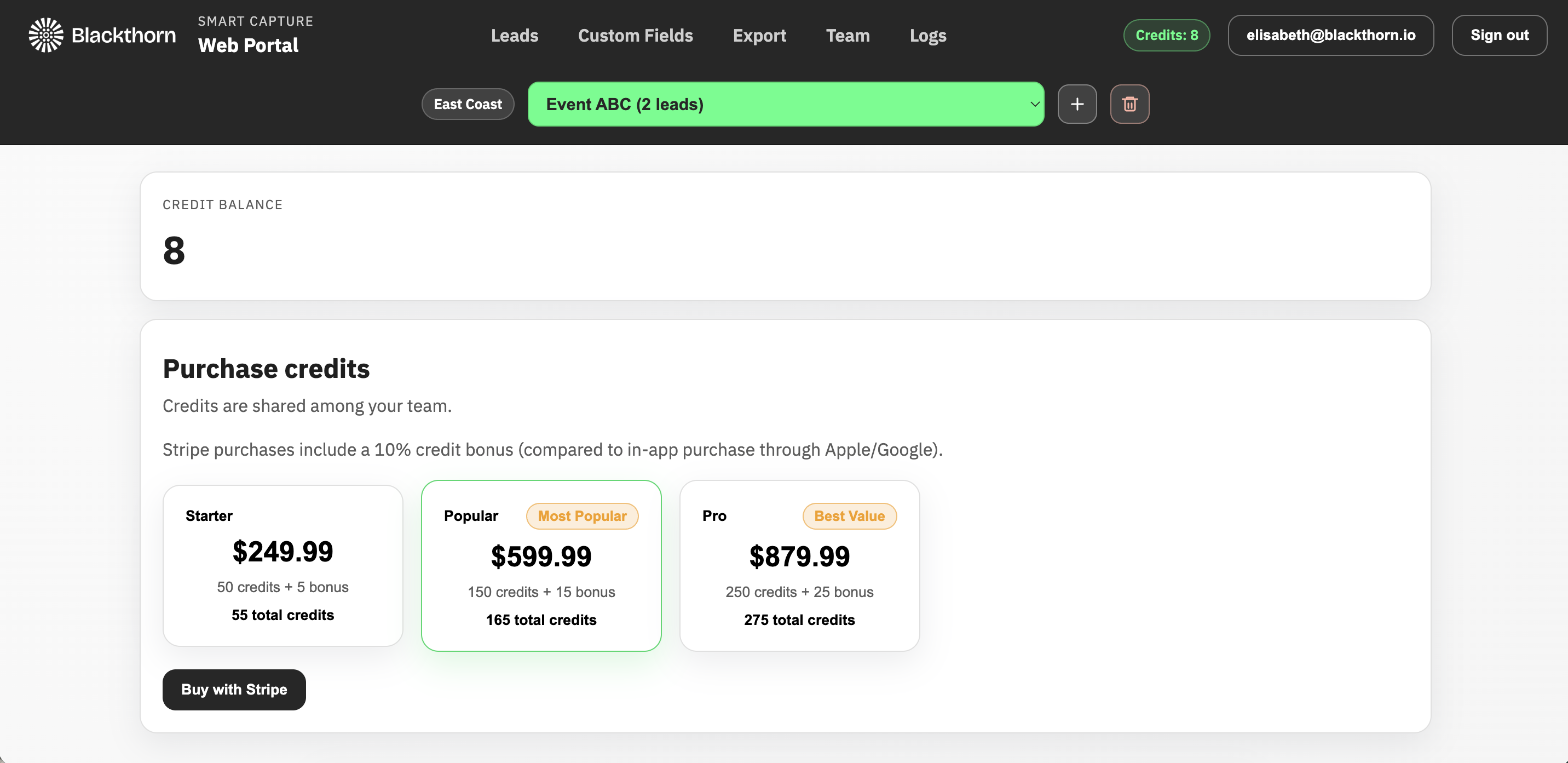 Smart Capture_web portal_Credits tab