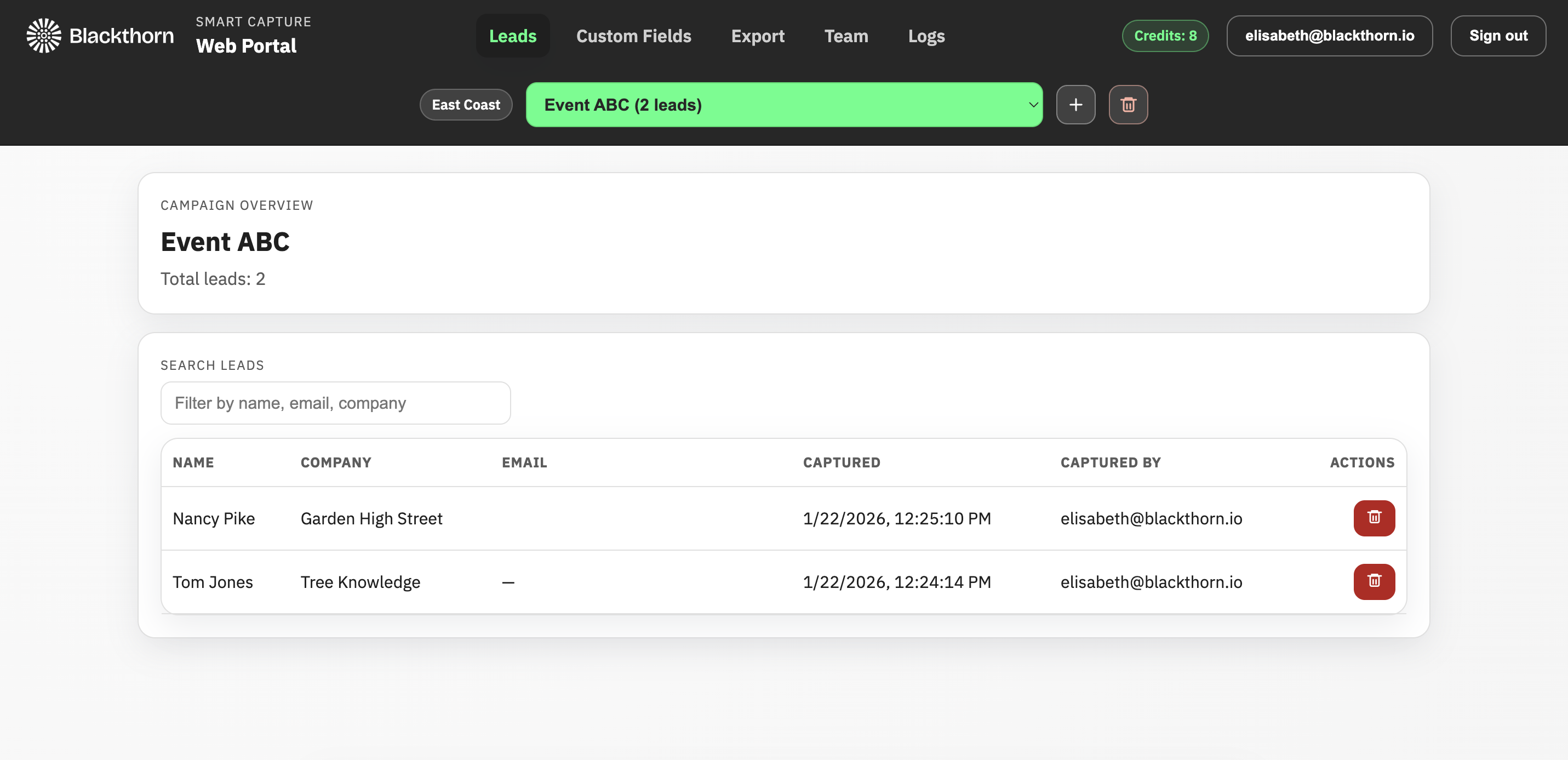 Smart Capture_web portal_Leads tab