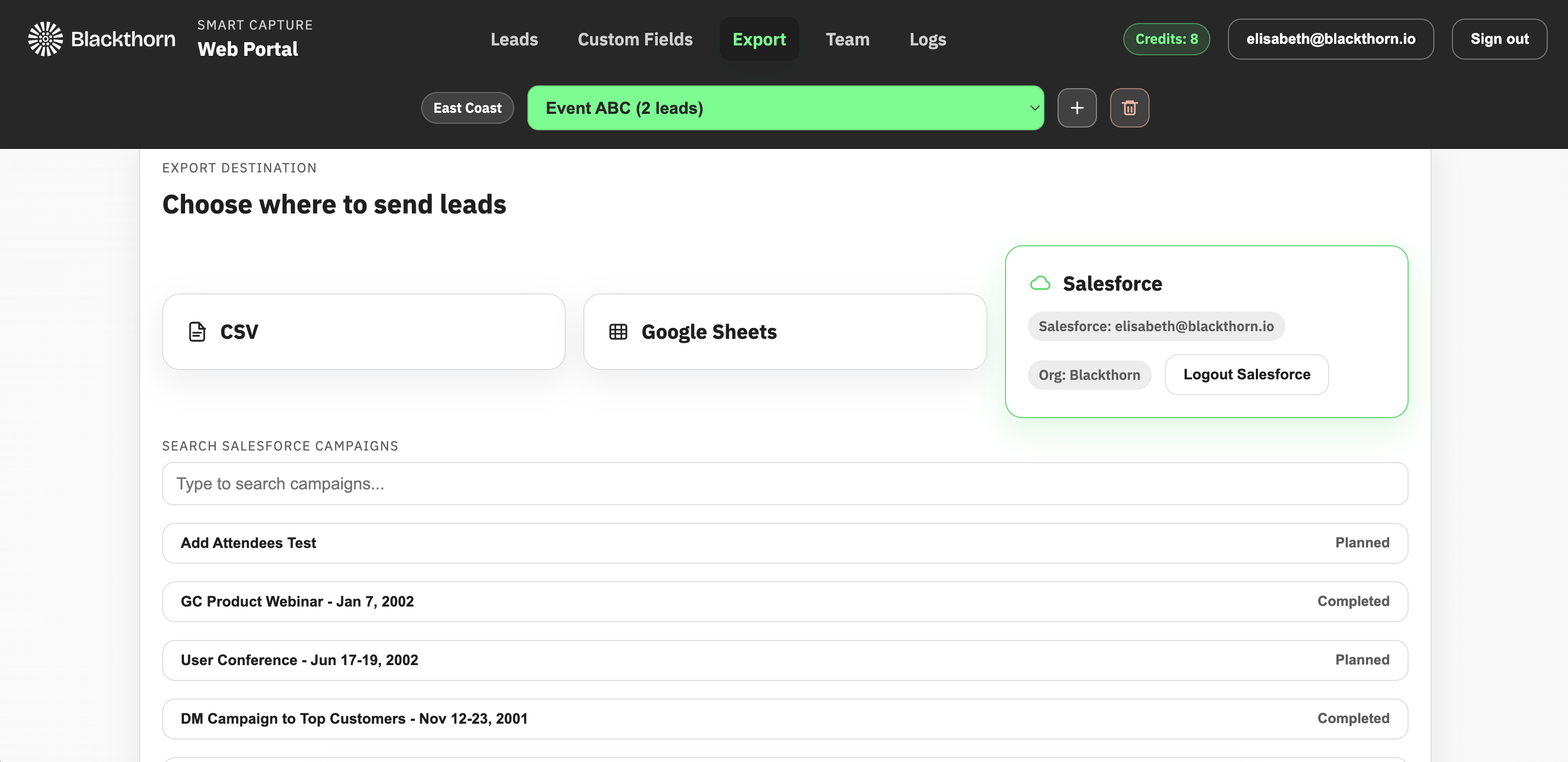 Smart Capture_web portal_export_salesforce_select campaign