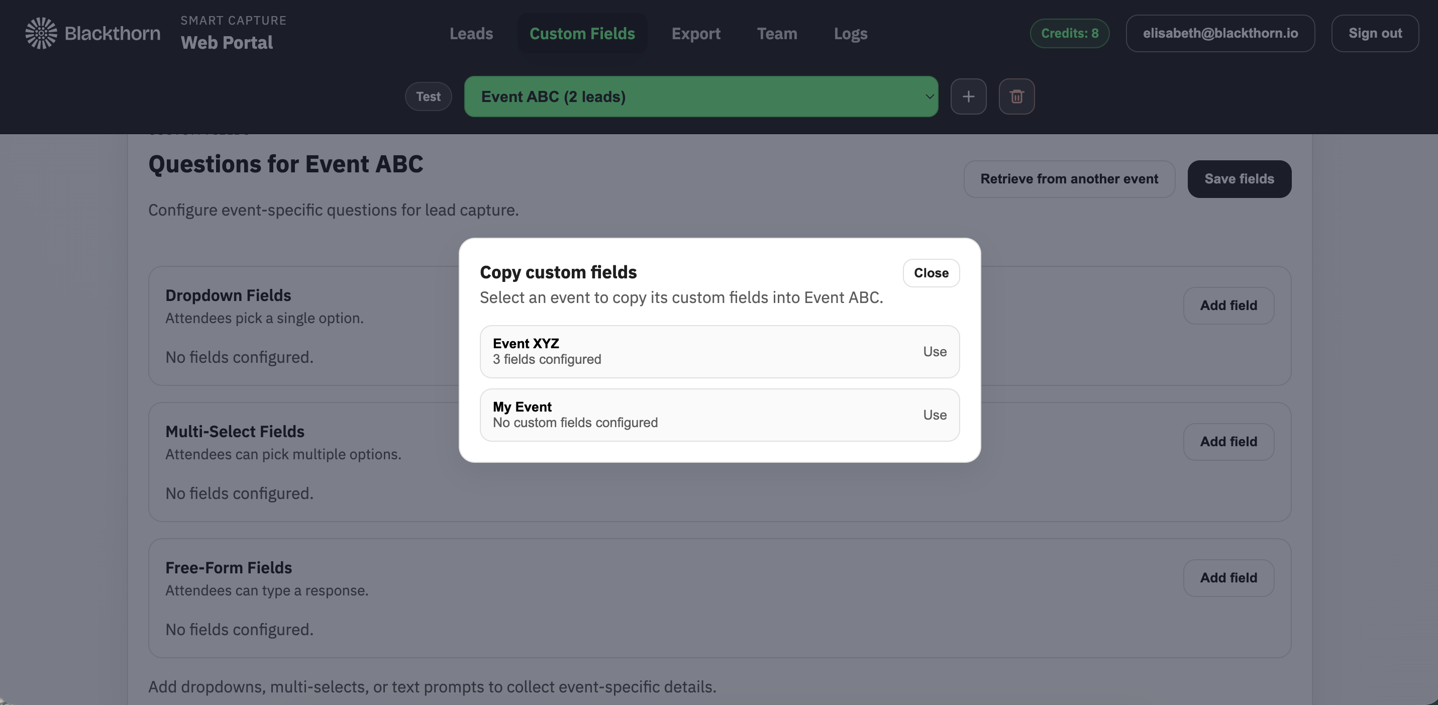 Smart Capture_web portal_share custom fields_select event