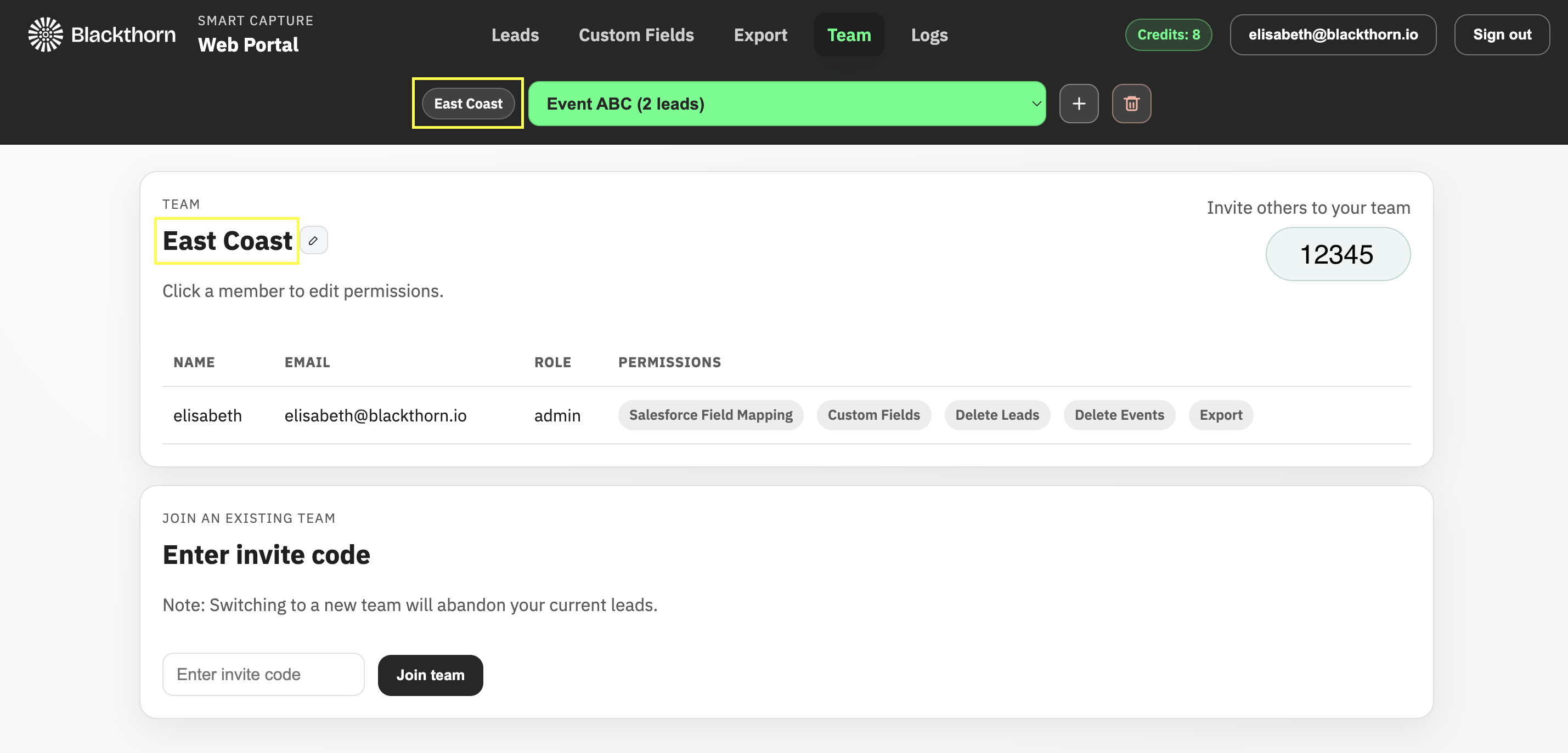 Smart Capture_web portal_show new team name