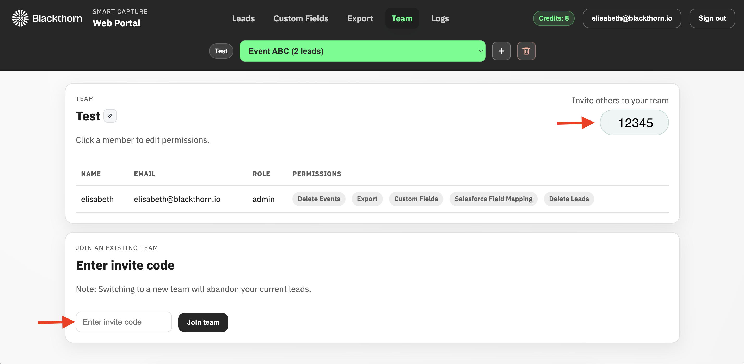Smart Capture_web portal_team tab_invite codes